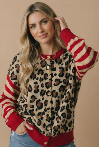 Leopard Stripe Sleeve Jacquard Cardigan
