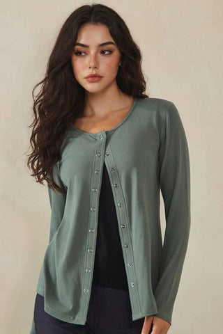 Soft Season ribbed snap-front cardigan in Black and Smokey Olive