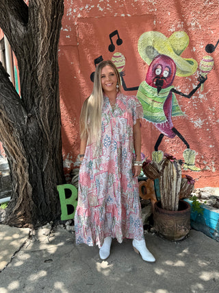Boho Patchwork Print Flutter Sleeve Midi Dress