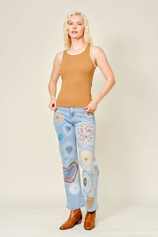 Vintage Lace Patch Print Jeans | Light Wash Straight
