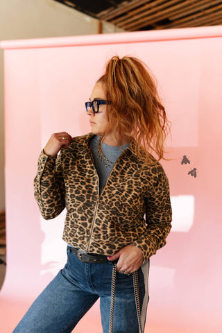 Canyon Cat leopard-print cropped denim jacket with black pearl snaps