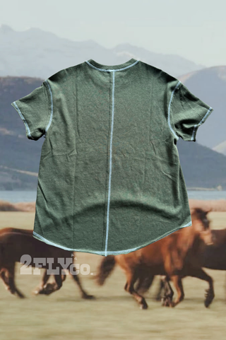 Staredown Stitch forest-green Western graphic tee with blue chain stitching