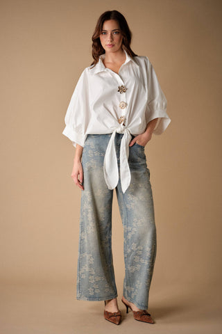 Floral Print Rhinestone Wide Leg Jeans