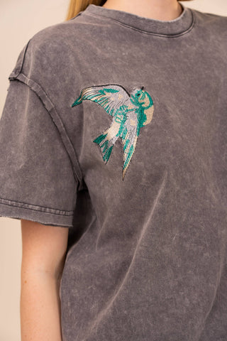 Swallow Embroidered Mineral Wash Tee