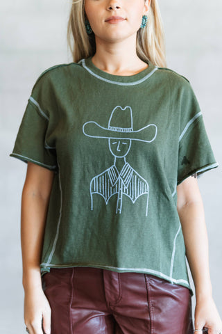 Staredown Stitch forest-green Western graphic tee with blue chain stitching