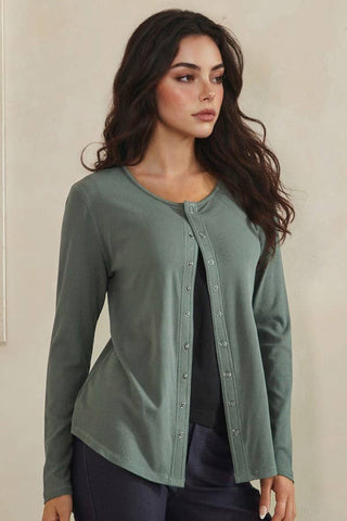 Soft Season ribbed snap-front cardigan in Black and Smokey Olive