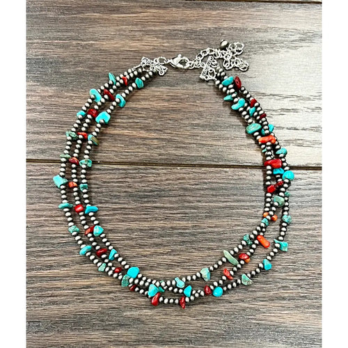 Turquoise & Coral Chip Stone Navajo Bead Necklace