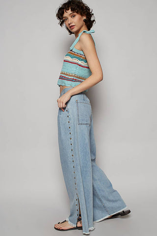 Solid stud detail twill wide woven pants