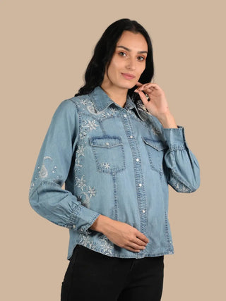Embroidered Denim Western Button Down Shirt
