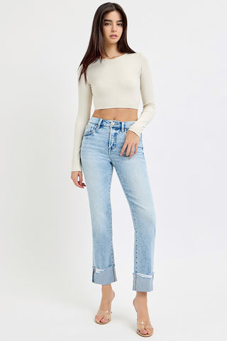 Baylor Light Wash Tummy Control Cuffed Straight Jeans