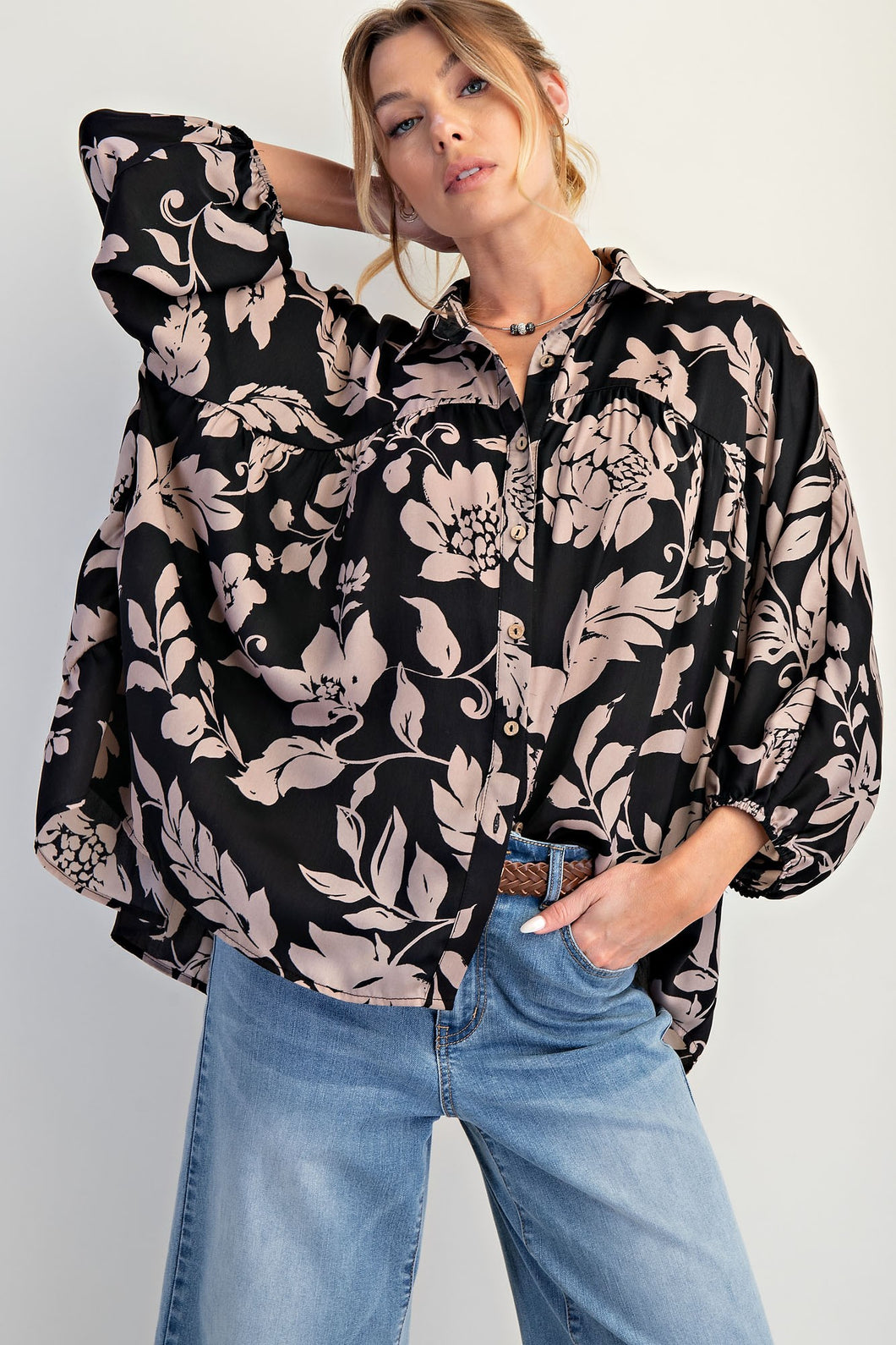 Mirabelle Black Satin Blouse by Easel