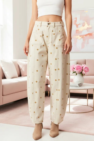 Cream Polka Dot Barrel Jeans