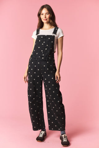 Rodeo Dot Black Wash Barrel Overall Jumpsuit