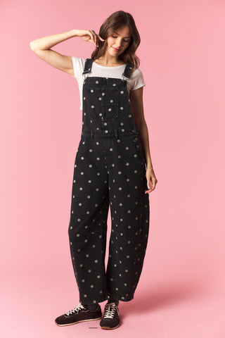 Rodeo Dot Black Wash Barrel Overall Jumpsuit