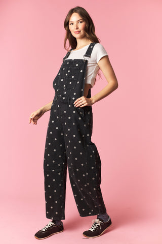 Rodeo Dot Black Wash Barrel Overall Jumpsuit