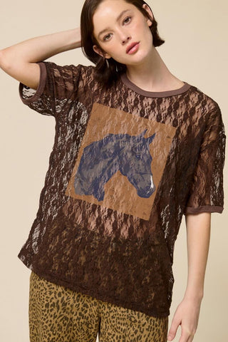 Brown Lace Horse Graphic Sheer Tee by Zutter