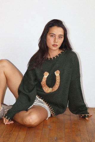Horseshoe Embroidered Chunky Knit Sweater