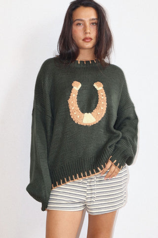 Horseshoe Embroidered Chunky Knit Sweater
