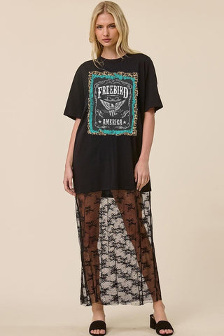 Freebird Graphic Tee Sheer Lace Maxi Dress by Zutter