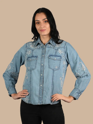 Embroidered Denim Western Button Down Shirt