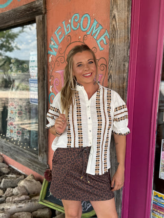 Ivory Folk Embroidered Stripe Ruffle Neck Blouse