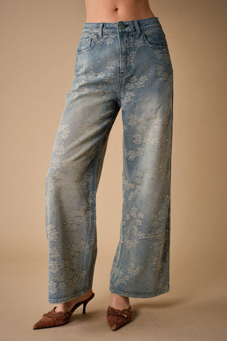 Floral Print Rhinestone Wide Leg Jeans