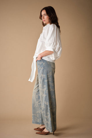 Floral Print Rhinestone Wide Leg Jeans