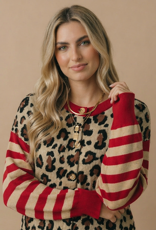 Leopard Stripe Sleeve Jacquard Cardigan