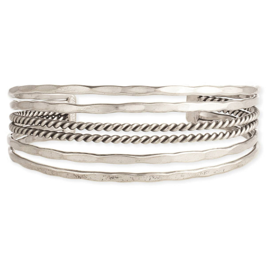 Silver Hammered & Twisted Lines Cuff Bracelet
