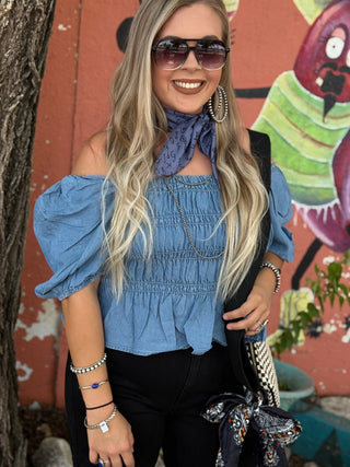 Camellia Denim Smocked Top