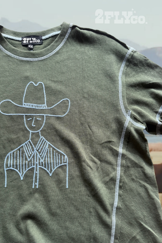 Staredown Stitch forest-green Western graphic tee with blue chain stitching