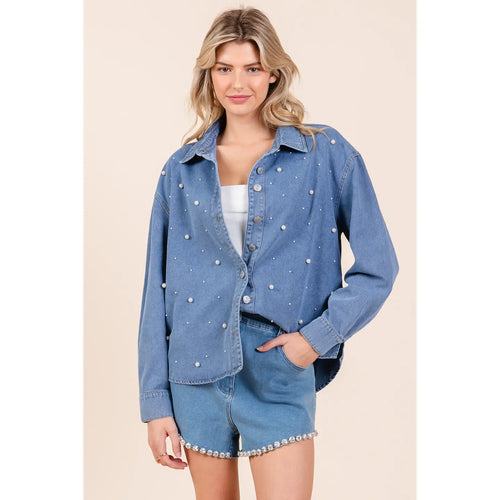 Bridgette Oversized Pearled Denim Button Up