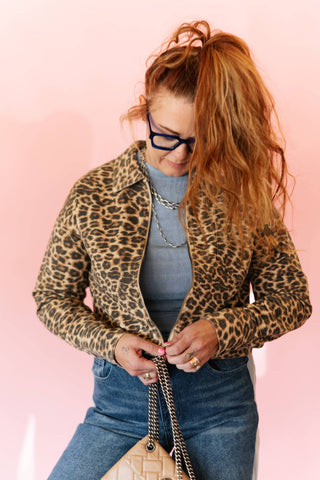 Canyon Cat leopard-print cropped denim jacket with black pearl snaps