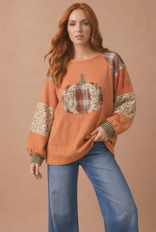 Pumpkin Patchwork Waffle Knit Balloon Sleeve Top