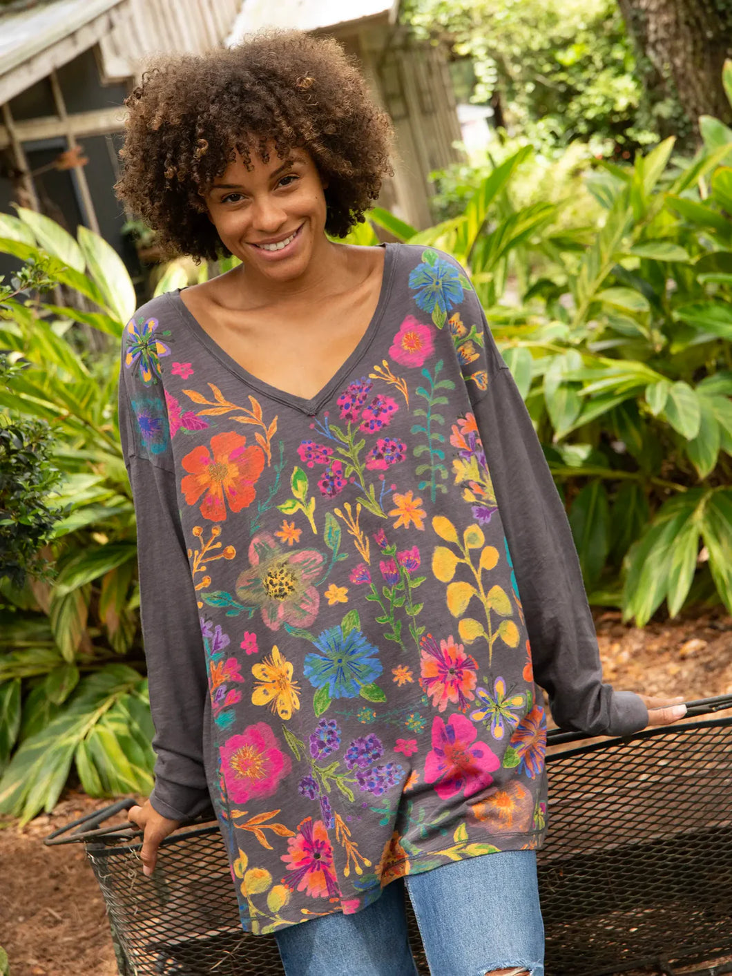 Charcoal Floral Long Sleeve Easy Tee