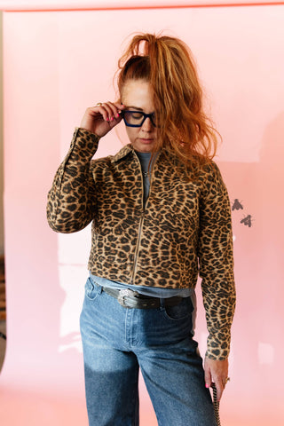 Canyon Cat leopard-print cropped denim jacket with black pearl snaps
