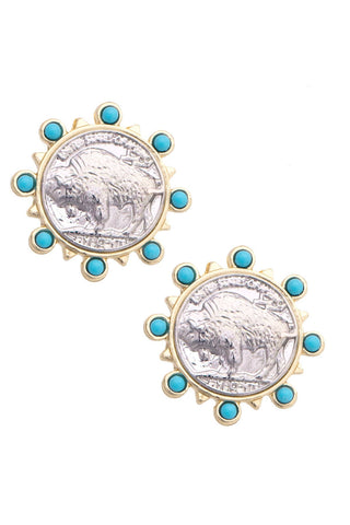 Silver and Turquoise Buffalo Coin Earrings