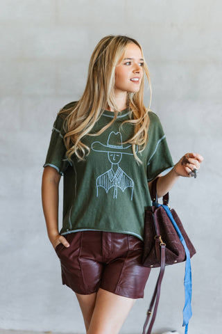 Staredown Stitch forest-green Western graphic tee with blue chain stitching