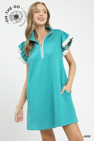 Zip-Neck Flutter Sleeve Dress