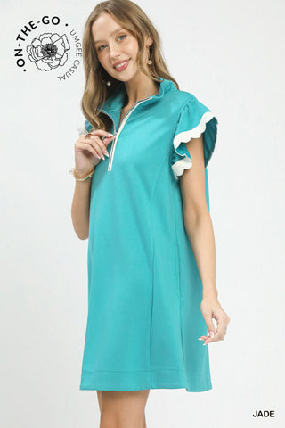 Zip-Neck Flutter Sleeve Dress