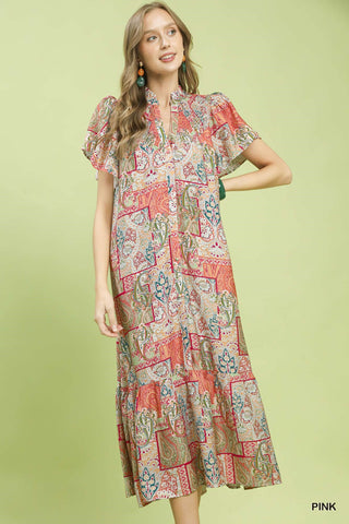 Boho Patchwork Print Flutter Sleeve Midi Dress