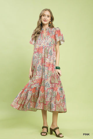Boho Patchwork Print Flutter Sleeve Midi Dress