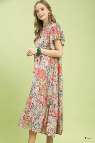 Boho Patchwork Print Flutter Sleeve Midi Dress