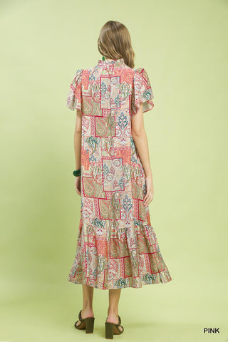 Boho Patchwork Print Flutter Sleeve Midi Dress