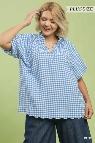 Gingham Bubble Sleeve V-Neck Top