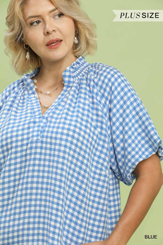 Gingham Bubble Sleeve V-Neck Top