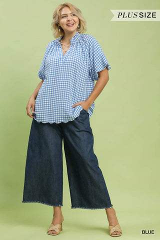 Gingham Bubble Sleeve V-Neck Top