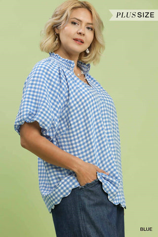 Gingham Bubble Sleeve V-Neck Top