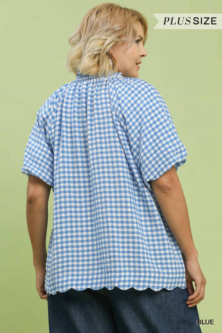 Gingham Bubble Sleeve V-Neck Top