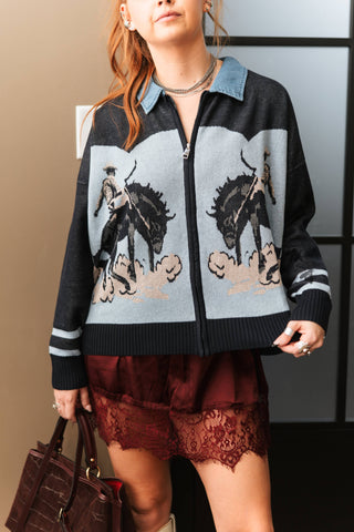 Bronc Blues denim-inspired zip-front Western knit cardigan